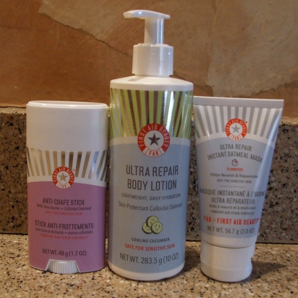 First Aid Beauty Set of the Chaffe Stick, Cooling Body Lotion, and Oatmeal Mask